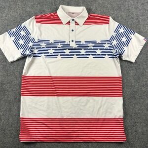 USAG Polo Shirt Mens L White Red Blue Stars Stripes Golf Performance Americana
